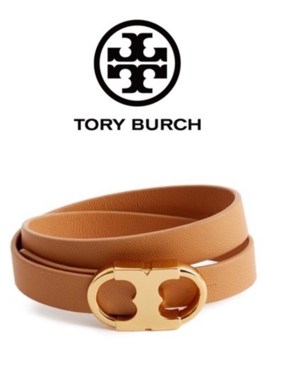 Tory Burch Gemini link Leather Dress Belt with Gold Double-Ring Buckle - Tan